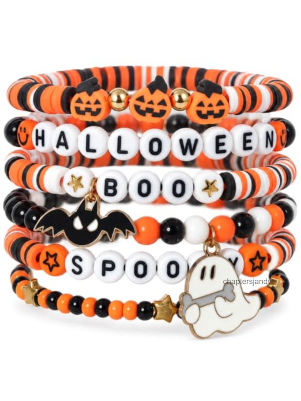 Halloween Stretch Bracelets Set Clay Heishi Beads Boo Skull Stackable